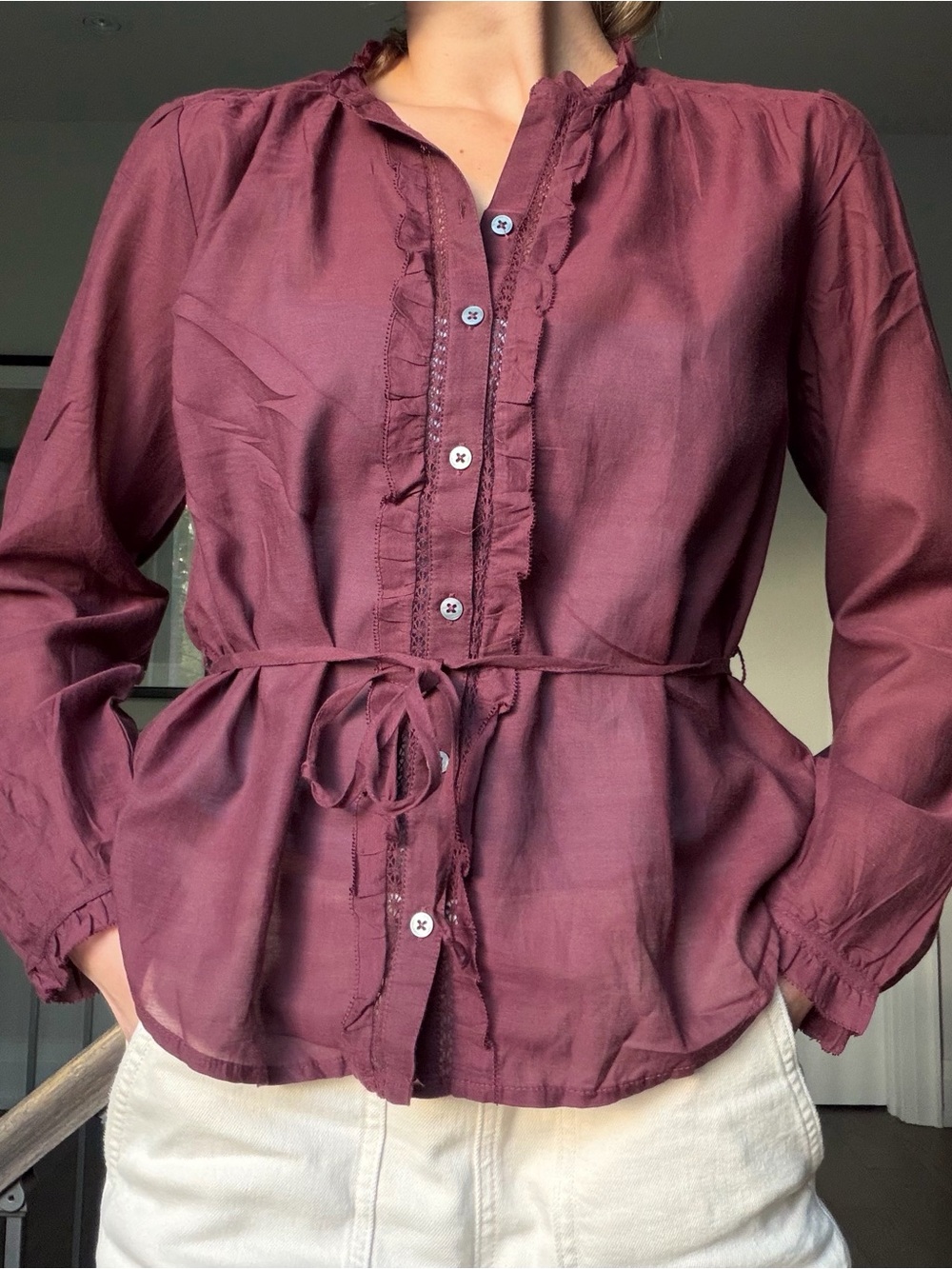 Womens Ruffle-Trim Button Front Blouse - Burgundy